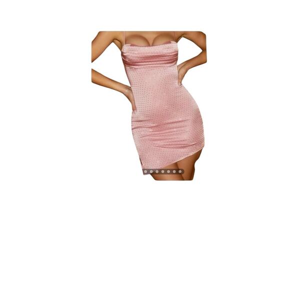 Oh Polly Sparkly Pink Satin Mini Dress – Rhinestone Cowl Neck Party Dress, SZ 10 - Picture 1 of 10